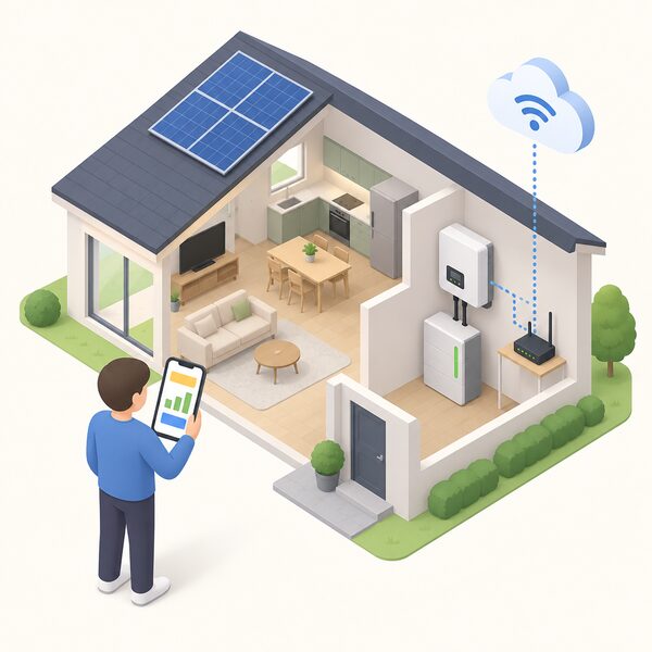 A simplified isometric household scene with a person holding a phone whose screen shows plain colour bands and blocks representing a home energy monitoring app, with a home battery and inverter visible in the house and a broadband router nearby linking the monitoring to the cloud.