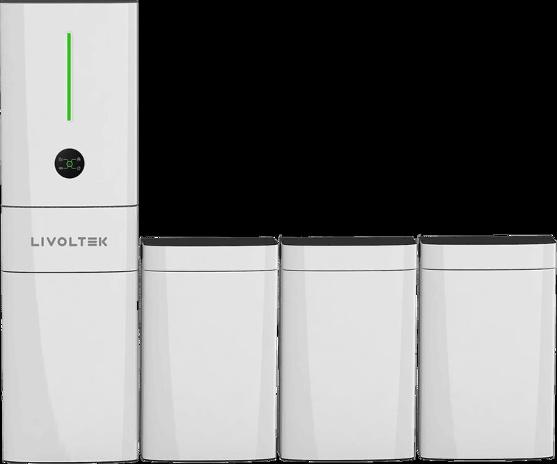 A Livoltek hybrid inverter unit alongside three stacked battery modules on a white background