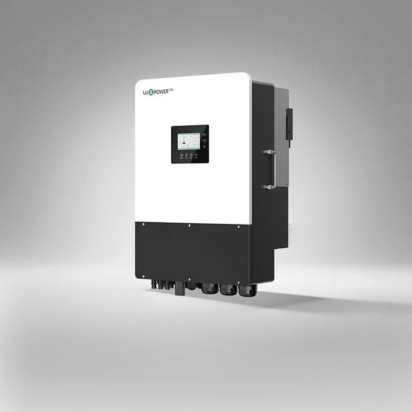A Luxpower three-phase hybrid solar inverter, a white and black wall-mounted unit with a display screen, shown on a grey studio background