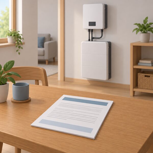 A printed warranty document lying flat on a wooden table in a home setting, its pages showing only blank lines and plain colour bands, with a small hybrid inverter and wall-mounted battery unit visible in the background of the room.