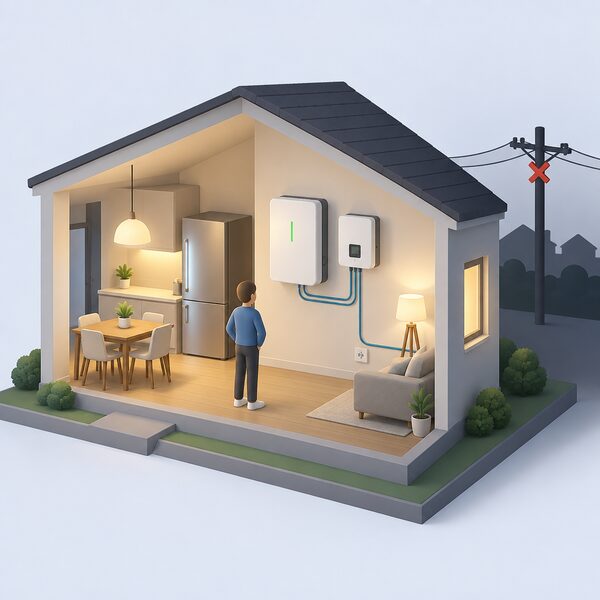 A wall-mounted home battery and hybrid inverter inside a house keep lamps and a fridge running during a power cut, shown with the darkened grid connection outside while a simplified figure stands in the lit room.