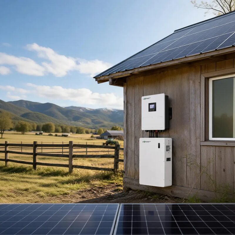 A LuxPower hybrid inverter and battery mounted on the wooden wall of a rural house with solar panels on the roof