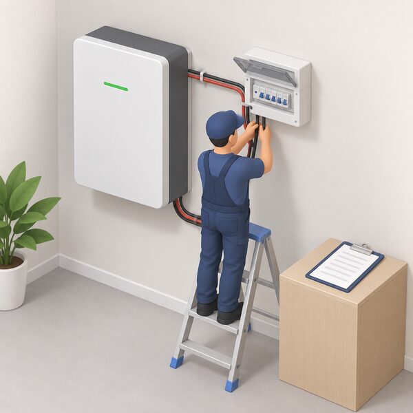 An electrician on a step ladder beside a wall-mounted home battery unit indoors, connecting cabling from the battery to a small consumer unit with protective breakers mounted next to it, with a clipboard of quote papers resting nearby.