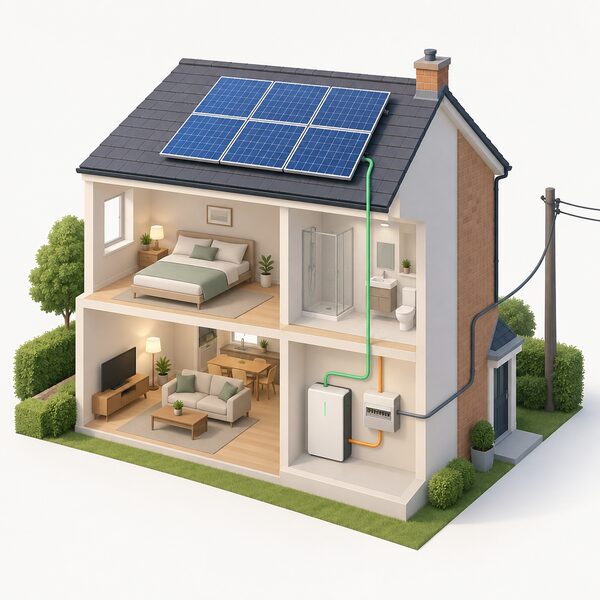 A cutaway house scene showing rooftop solar panels feeding a home battery mounted beside the consumer unit indoors, with a grid supply cable still entering the property to back up the household.