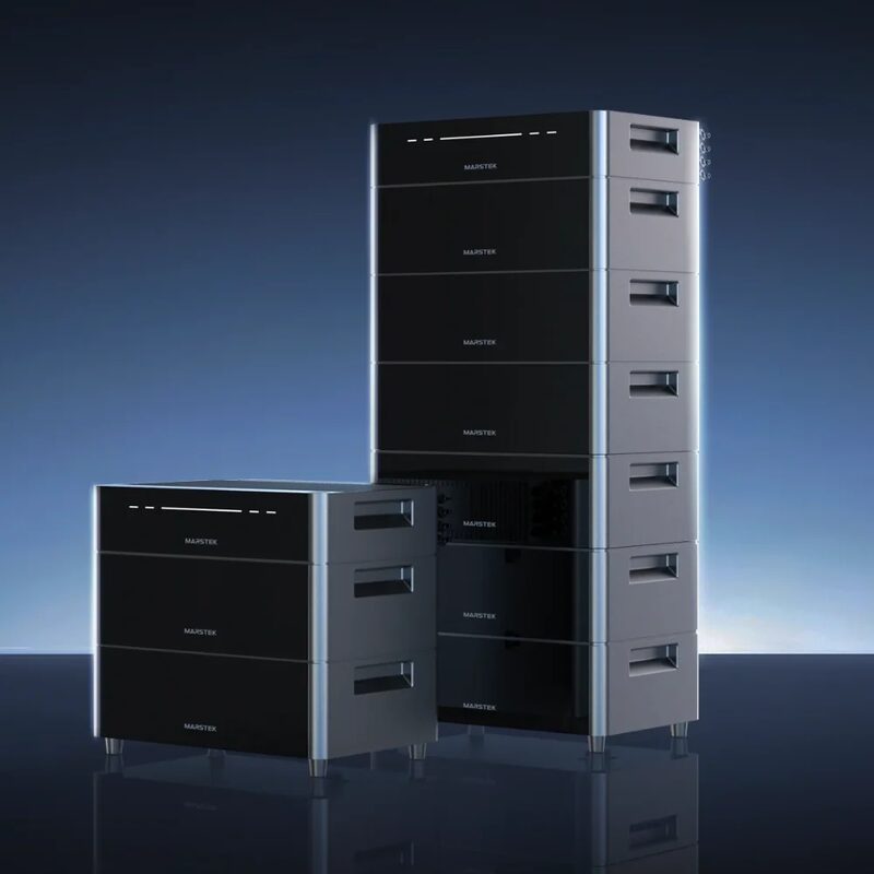 Stacked Marstek modular home battery storage units in a studio product shot