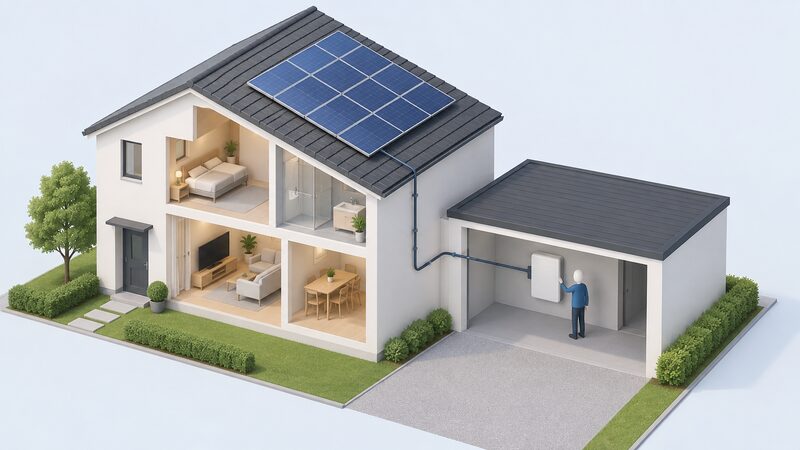 A cutaway isometric view of a house with solar panels on its roof and a cable run down the wall and across to a wall-mounted battery inside an adjacent garage, with a simplified figure near the battery.