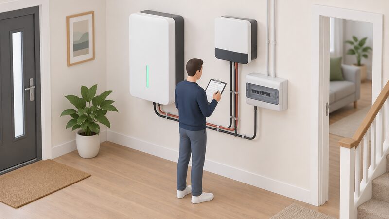 A commissioning engineer in plain clothing stands beside a wall-mounted domestic battery inside a home, recording parameters on a clipboard while checking the unit, with its connecting cables to an inverter and consumer unit shown nearby.