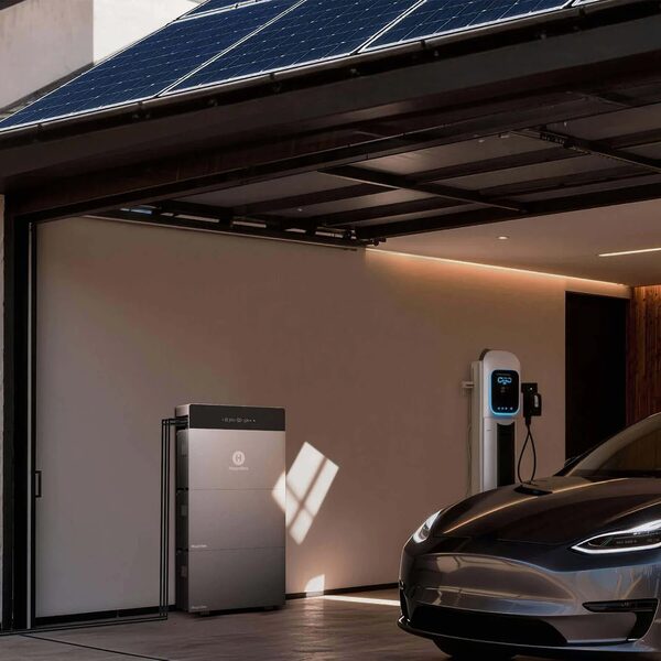 A Hoymiles HiBattery home battery unit installed in a garage beside an EV charge point and a car, under a solar-panelled roof