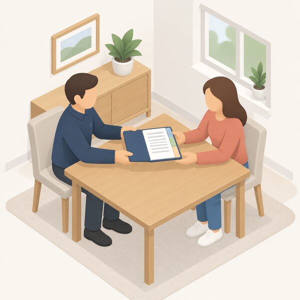 An installer in plain clothing hands a closed folder of handover documents across a table to a householder in a home, the folder open slightly to show blank-line estimate sheets and plain colour-banded pages with no readable content.