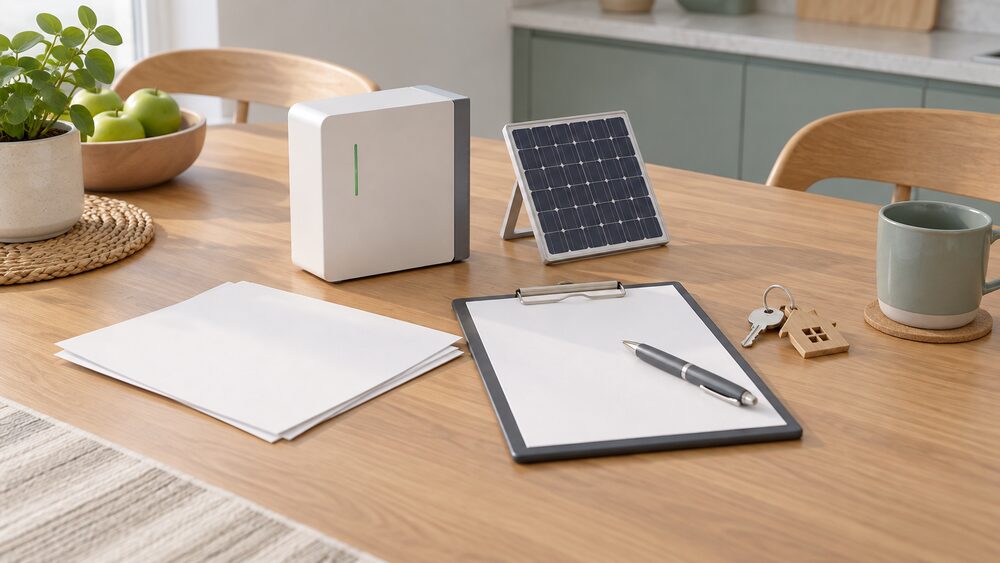A small model of a wall-mounted home battery and a tiny solar panel sit beside blank estimate paperwork, a clipboard with a pen and a house key on a kitchen table, showing the moment a householder reviews a battery quote.