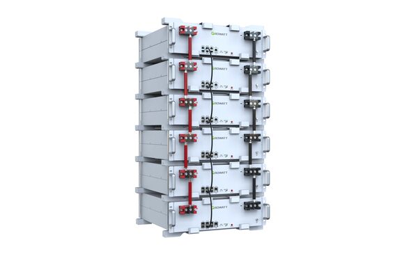 A stacked tower of six white Growatt home battery modules with red and black connecting cables on a white background