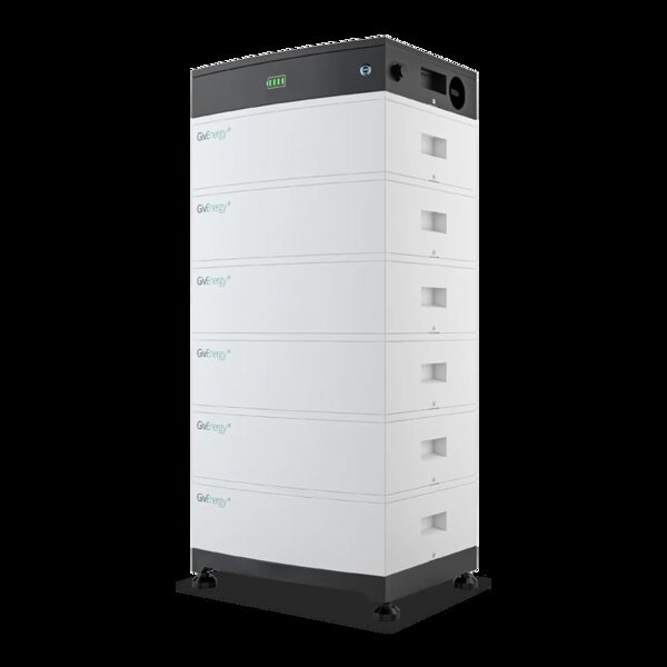 A tall stack of six white GivEnergy high-voltage home battery modules with a black control unit on top