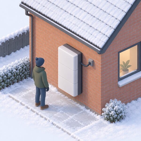 A stackable home battery unit mounted on the external brick wall of a house on a frosty winter morning, with frost on the ground and roof, a small isometric figure standing beside it looking at the unit, and cable entry into the wall behind it.