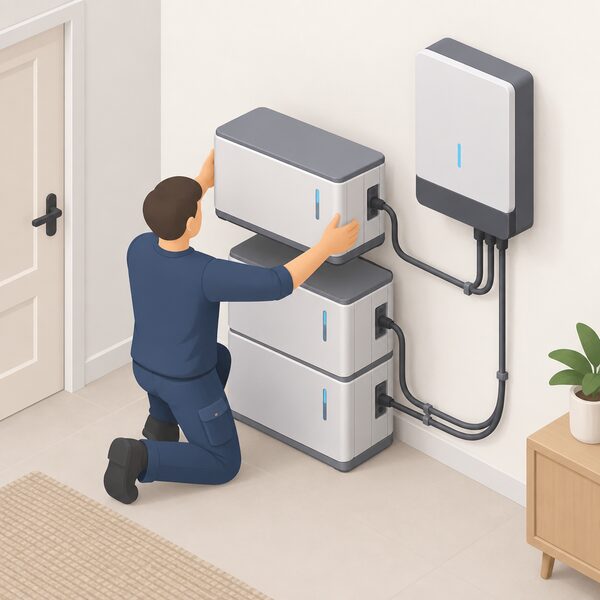 An isometric installer kneeling indoors beside a stack of existing home battery modules, lifting a new matching module into place on top of the stack, with connecting cabling between the modules and an inverter unit nearby on the wall.