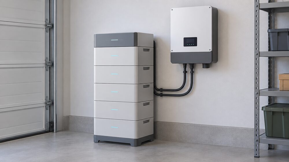 A close-up of a floor-standing stackable home battery tower in a garage, built from identical rectangular modules stacked on a base with one controller module on top, and a wall-mounted hybrid inverter beside it connected by cables.