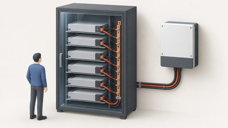 A Sunsynk 5-way battery cabinet containing a Sunsynk inverter and stacked lithium battery modules, shown as a product render on a white background