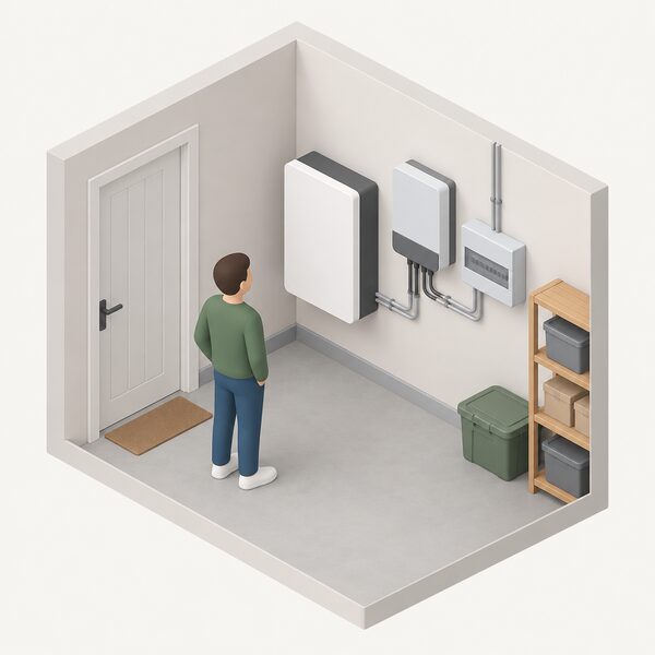 A compact wall-mounted home battery unit with a plain rectangular casing, drawn as a simple product in a utility room beside a consumer unit and an inverter, with a small isometric figure standing nearby looking at it.