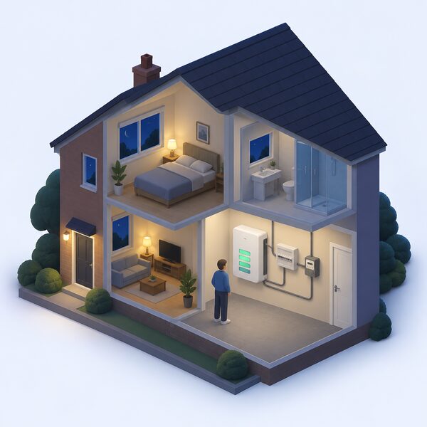 A cutaway night-time view of a home with a wall-mounted battery unit in a utility area, connected by cabling to the household consumer unit and electricity meter, with a small isometric figure checking the unit as it charges from the grid overnight.