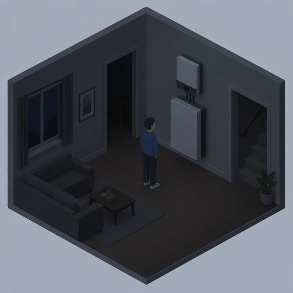 A wall-mounted grid-tied battery unit with its inverter standing switched off in a darkened home during a power cut, with a small isometric figure looking at the unlit unit and no lights working in the room.