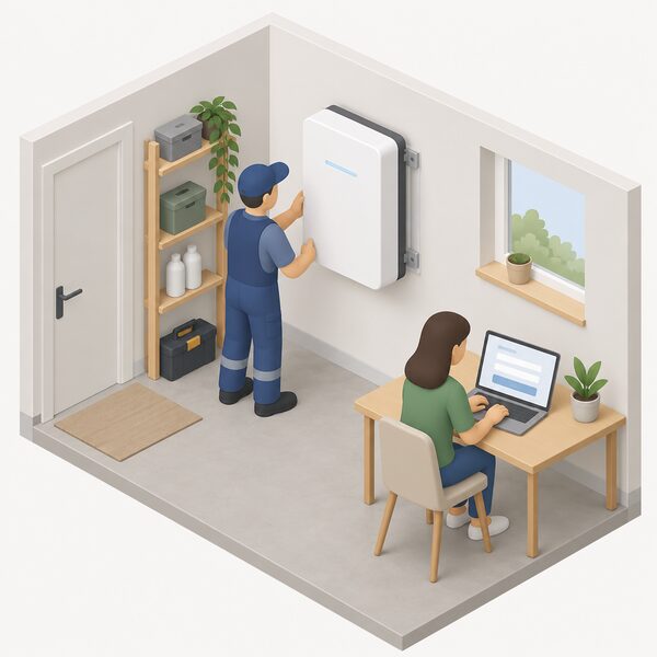 A certified installer figure fitting a wall-mounted home battery unit indoors, with a nearby laptop or tablet screen showing a plain registration page as the householder sets up an online account to register the newly installed system.