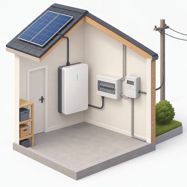A wall-mounted home battery unit installed indoors next to the household consumer unit and meter, with a cable from the rooftop solar system feeding into it and a cable running to the household electrics, shown in a simple cutaway of a utility corner of a house.