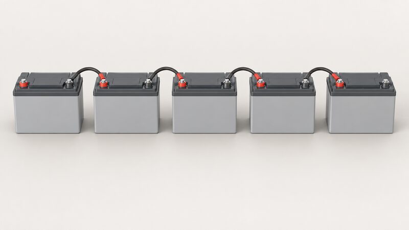 A row of identical sealed deep-cycle AGM batteries standing side by side on a level surface, each connected to the next by short heavy cables linking the positive terminal of one to the negative terminal of the next, forming a single series string.