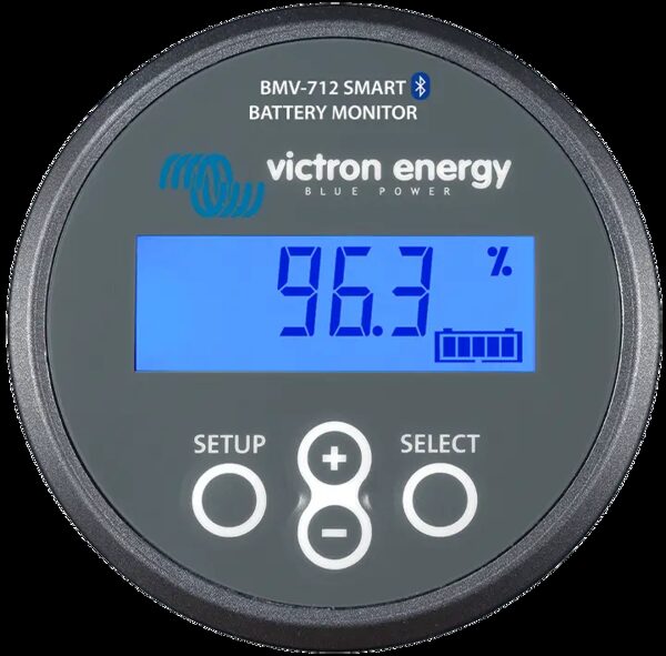 A Victron Energy BMV-712 Smart battery monitor with a round grey face, blue LCD showing 96.3% charge, and setup/select buttons