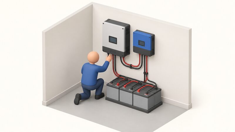 A small simplified isometric figure kneels in a plain off-grid power room, checking a wall-mounted inverter-charger installed beside a solar charge controller, both connected by thick cables down to a lead-acid battery bank on the floor below.