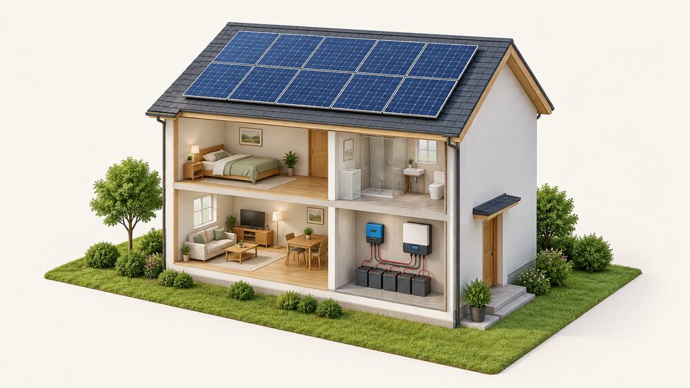 A cutaway of a small off-grid home showing solar panels on the roof, with a power room on one wall holding a bank of deep-cycle AGM batteries wired in a series string, an inverter-charger and a charge controller mounted above them, and no grid cable arriving at the building.