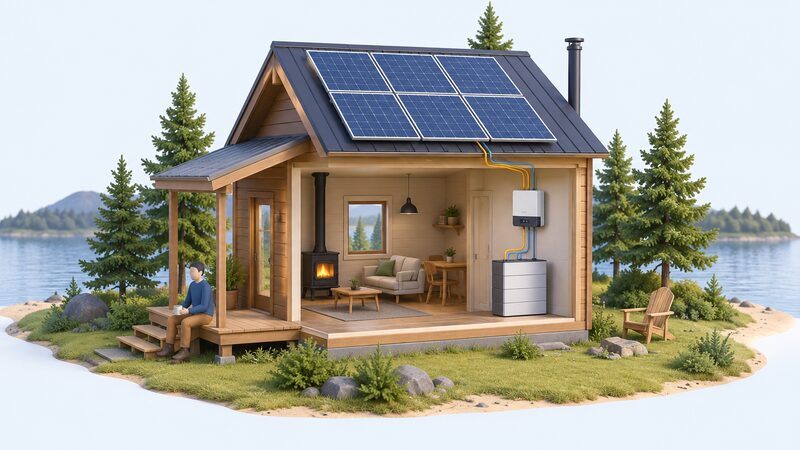 A small isolated cabin with solar panels on its pitched roof, and a cutaway view inside showing a battery store on the wall connected to the panels, with no power cable running from the cabin to any network pole or line.