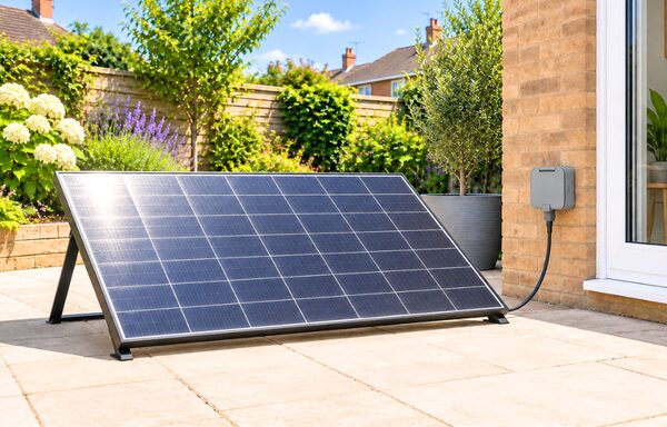 A freestanding plug-in solar panel on a paved patio in a sunny garden, plugged into an outdoor socket on a house wall