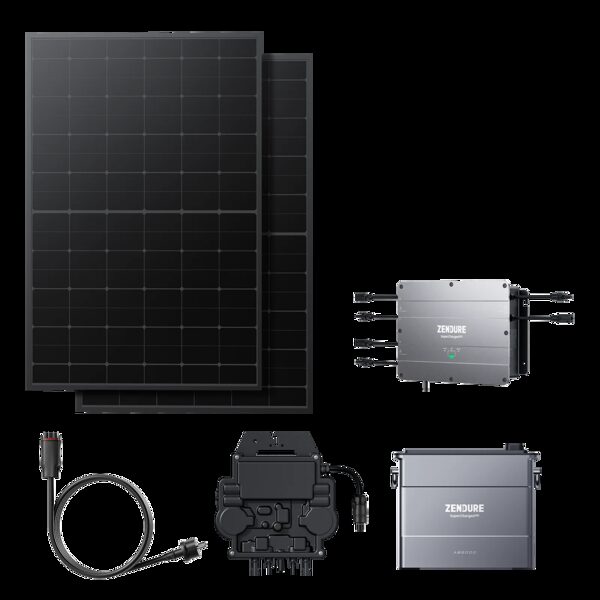 A Zendure balcony solar kit with two black solar panels, a microinverter, battery unit, mounting bracket and cable laid out on a white background
