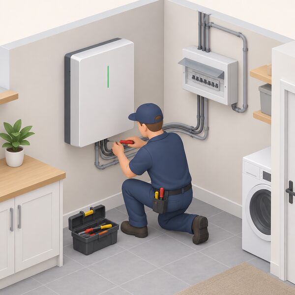 A qualified electrician in plain work clothing kneels in a utility room, hard-wiring a wall-mounted battery storage unit into the property's consumer unit with visible cable running through conduit, tools and a screwdriver in hand.