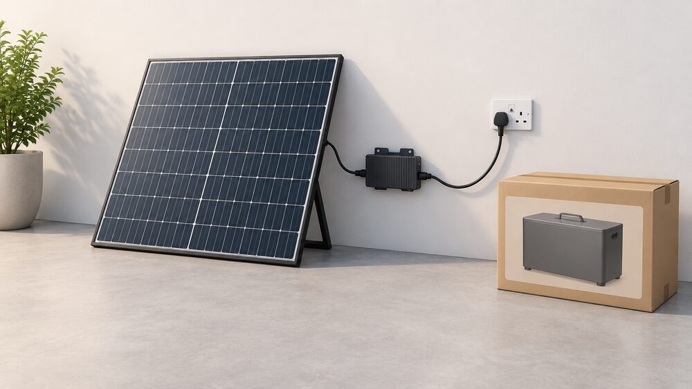 A small plug-in solar panel leaning against a wall with its microinverter and mains lead running to a standard UK socket, while a sealed battery-in-a-case sits unopened in its box beside it, left unconnected.