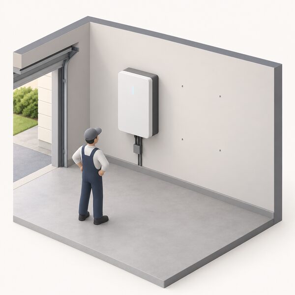A single H5B battery module mounted on a garage wall, with clear empty wall space beside it where further identical parallel units could later be added, and a small simplified installer figure standing nearby looking at the space.