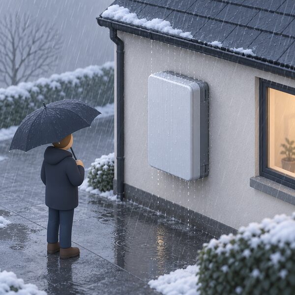 A wall-mounted H5B home battery unit on an exterior house wall in heavy winter rain, its sealed IP65 enclosure shedding water as rain streaks down the closed casing while a simplified figure with an umbrella looks on from a short distance.