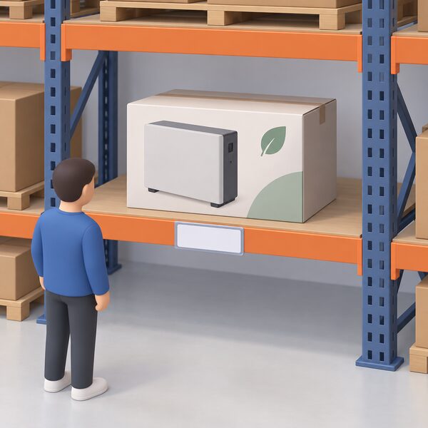 A distributor's warehouse shelf holding a single boxed 5 kWh lithium iron phosphate battery module, shown as a physical product on its own with a blank price label, with no inverter, wiring or installation work nearby, conveying that this is a module-only price before installation.