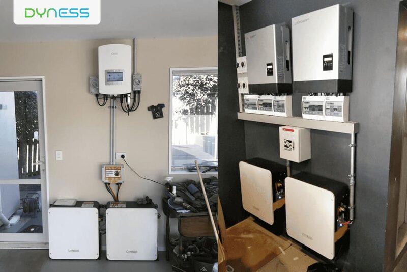 A collage of two photos showing Dyness PowerDepot H5B battery units and inverters installed on walls in homes