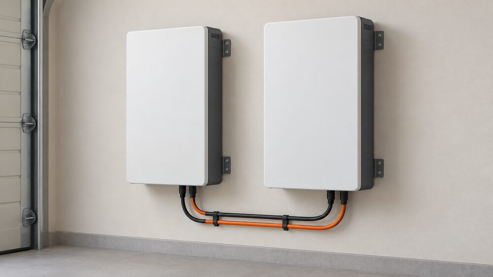 A slim rectangular home battery module mounted on a garage wall, shown close up with its mounting bracket, with a second identical battery module beside it wired in parallel to show how the system expands.