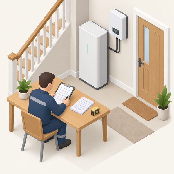 An installer at a desk in a home hallway writes a quote on a clipboard beside a tall indoor battery unit connected to a small solar inverter on the wall, with blank-line quote sheets and a tape measure nearby.