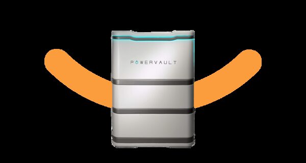 A Powervault home solar battery unit on a white background with an orange swoosh graphic behind it