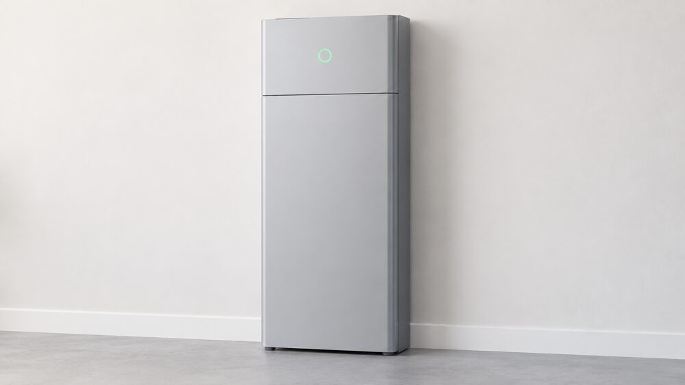 A tall, slim grey home battery cabinet standing against an indoor wall, shown close up as a single plain unit with its hybrid inverter section at the top, a small status light, and nothing else in the frame.