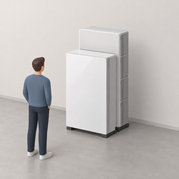 A single Powerwall 3 battery unit standing on the floor with three Expansion units stacked in a line behind it on a floor mount, shown in a simple indoor setting.