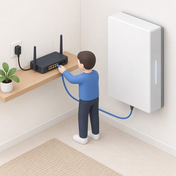 A home broadband router on a shelf with its power lead and an Ethernet cable running to a wall-mounted Powerwall 3 battery unit nearby, with a small isometric figure of a householder plugging the router's cable in.