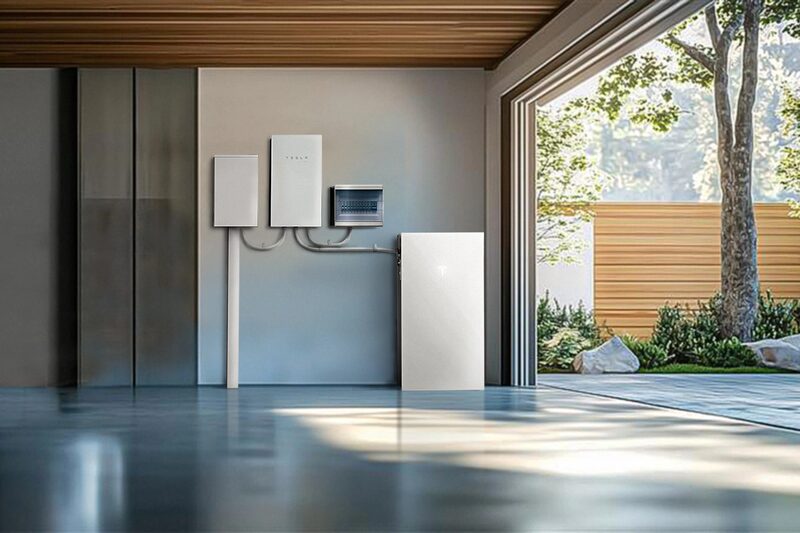 A Tesla Powerwall battery and associated electrical equipment installed on the wall of a modern garage