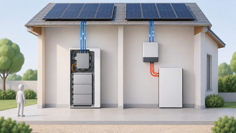 A cutaway diagram of a Powerwall 3 battery unit with its integrated inverter visible inside, solar DC string cables from rooftop panels entering directly into the unit, contrasted beside a Powerwall 2 battery fed by AC from a separate wall-mounted solar inverter.