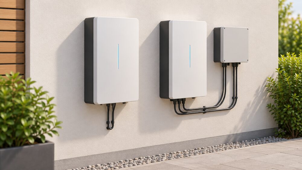 A close-up of two slim wall-mounted home battery units side by side on an exterior wall, the newer one alone and the older one with a separate solar inverter box mounted beside it, both with their cabling visible.