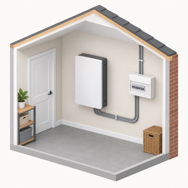 A plain wall-mounted home battery unit fixed to the inside wall of a house, shown in a simple cutaway room view with its cabling running to a consumer unit, with no branding or text visible on the casing.