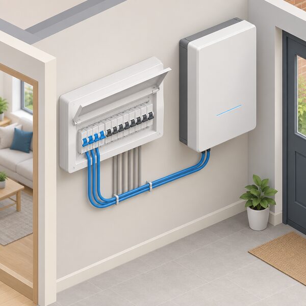 An isometric cutaway of a domestic consumer unit with only a few of its circuit ways highlighted as backed-up, wired through a changeover arrangement to a wall-mounted battery and inverter nearby, while the remaining circuit ways are shown unhighlighted and not connected to the backup supply.