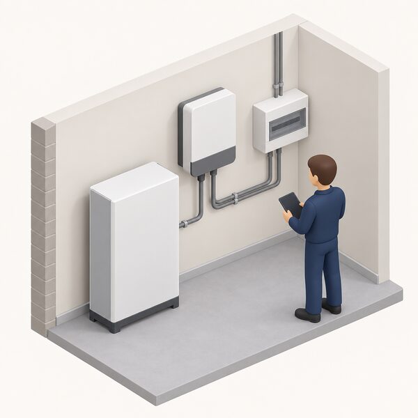 An indoor utility wall where a plain AC-coupled battery cabinet stands on the floor beside an existing wall-mounted solar inverter, both connected by simple conduit to a consumer unit, with a small isometric figure checking the installation.
